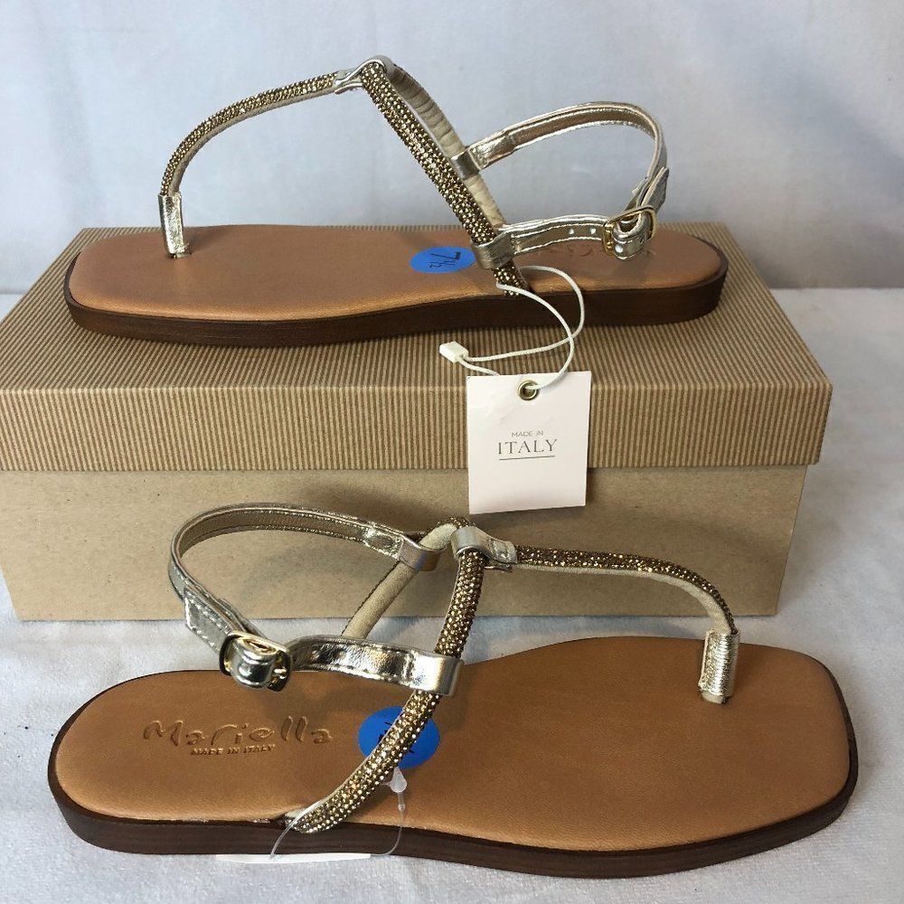 Mariella Womens Sandals Size 7.5 Tan/Gold bling Thong sling back Sandals NWB